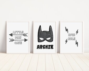 Personalised Superhero Prints, Set of 3 Prints, Boys Bedroom Wall Art, Superhero Decor