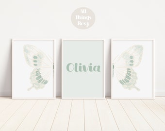 Personalised Butterfly Set of 3 Prints, Butterfly Wall Art, Green Butterfly Nursery Decor