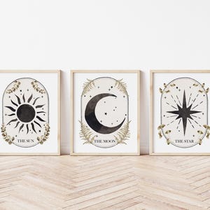 Lot de 3 tirages de tarot, le tarot du soleil, le tarot de la lune, le tarot des étoiles, art mural tarot, nouveau style bohème