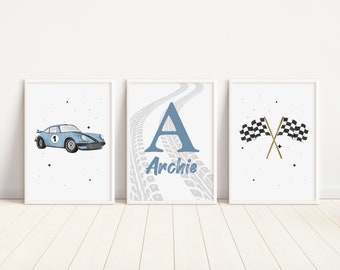 Personalised Set of 3 Prints, Blue Porsche Wall Art, Race Car Prints, Car Wall Decor