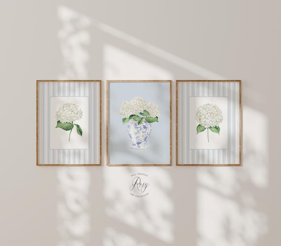 Blue Striped Hydrangea Set of 3 Prints, Botanical Wall Art, Blue Grandmillenial Home Decor, Unframed or Digital
