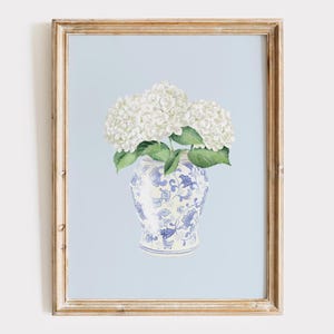White Hydrangea In Blue Vase Print, Hydrangea Wall Art, Coastal Wall Decor, Wall Gallery Art, Unframed or Digital
