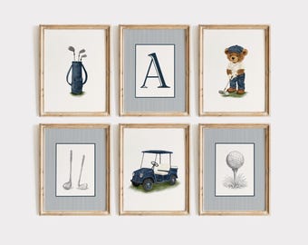 Blue Teddy Bear Golf Nursery Wall Art Set - 6 Prints | Personalised Golf Decor | Boy's Nursery | Vintage Sports Theme (Unframed or Digital)