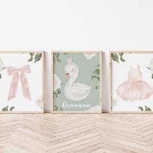 Set of 3 Personalised Girls Ballet Nursery Prints, Swan Wall Art, Sage Green and Pink Ballet Nursery/Bedroom Decor