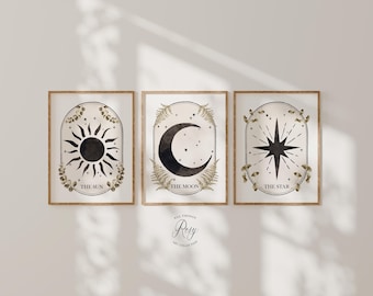 Set of 3 Tarot Prints, The Sun Tarot, The Moon Tarot, The Star Tarot, Tarot Wall Art, New Boho
