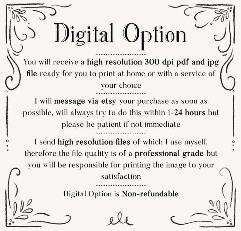 K&ouml;nnte beinhalten: Ank&uuml;ndigung f&uuml;r einen digitalen Druck mit der Aufschrift "Digital Option" in einem dekorativen Rahmen. Der Text enth&auml;lt Details zur hochaufl&ouml;senden Datei, zum Druck und zur R&uuml;ckerstattungsrichtlinie.