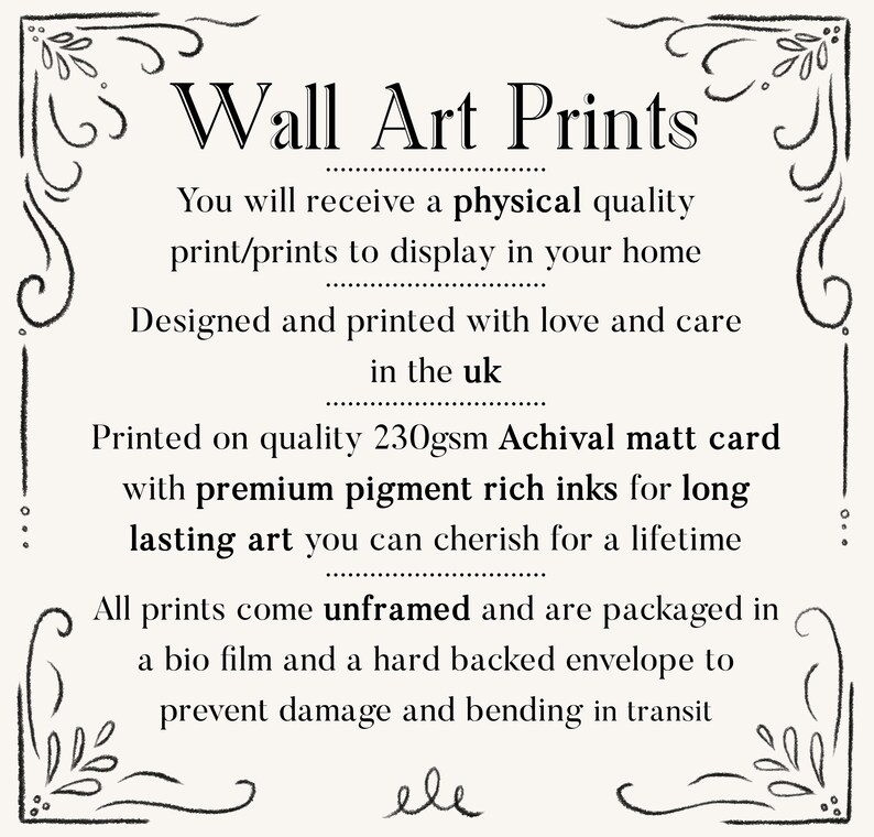 May include: Cream-colored print with black text that reads "Wall Art Prints." The text describes the prints as physical, high-quality, and printed in the UK on archival matt card with premium inks. The prints are unframed.