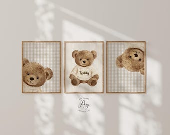 Personalised Teddy Bear Nursery Wall Art, Set of 3 Prints, Peekaboo Nursery Room Decor, Unframed or Digital