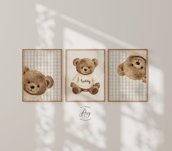 Personalised Teddy Bear Nursery Wall Art, Set of 3 Prints, Peekaboo Nursery Room Decor, Unframed or Digital