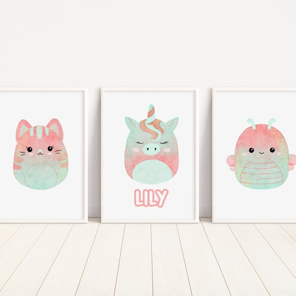 Personalised Squish Friends Set of 3 Prints, Squish Friends Wall Art, Children's Bedroom Decor