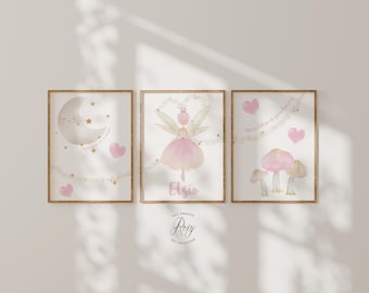 Personalized Fairy Print Set: Delightfully Pink Nursery Decor & Girls Bedroom Wall Art