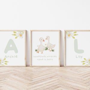 Personalised Twins Nursery Wall Art, Cute Goose Set of 3 Prints, Twin Boy and Girl Decor