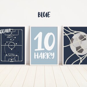 Personalised Set of 3 Football Prints, Football Wall Art, Boys Bedroom Decor in Blue or Green