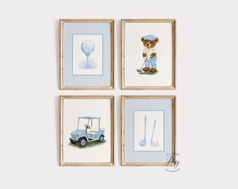 Light Blue Vintage Golf Nursery Set of 4 Prints, Boy Nursery Wall Art, Boys Room Decor, Golf Themed Nursery Decor, Unframed or Digital