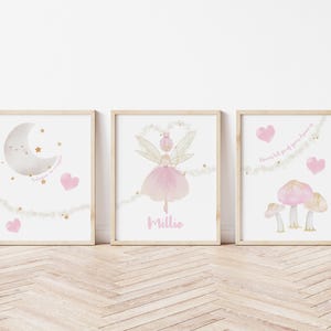Personalized Fairy Print Set: Delightfully Pink Nursery Decor & Girls Bedroom Wall Art
