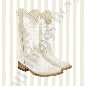 May include: A pair of off-white cowboy boots with floral embroidery. The boots have a classic design with a pointed toe and a stacked heel. The background features vertical beige and white stripes.
