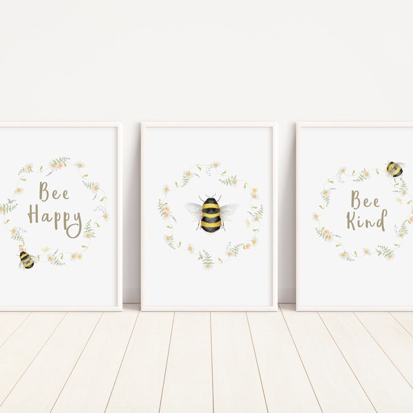 Bee Happy, Bee Kind Art Prints, Set Of 3 Bumblebee Wall Art, Bee Decor