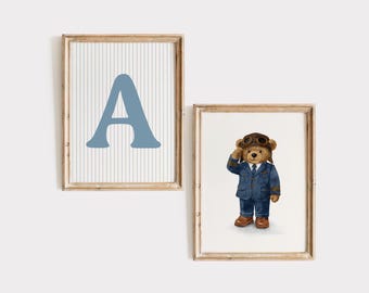 Personalised Vintage Teddy Bear Pilot Set of 2 Prints: Blue Aviation Nursery Decor (Digital or Unframed Option Available)