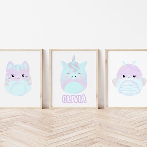 Personalised Purple and Blue Squish Friends, Set of 3 Prints, Squish Friends Wall Art,  Children's Bedroom Wall Decor