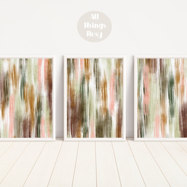 Unique Set of 3 Abstract Prints, Abstract Wall Art, Autumn Colours - Green, Brown and Pink, Boho
