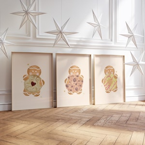 Gingerbread Set of 3 Prints, Christmas Prints, Christmas Wall Art, Gingerbread Man, Jammy Doger, Party Ring, Cookie