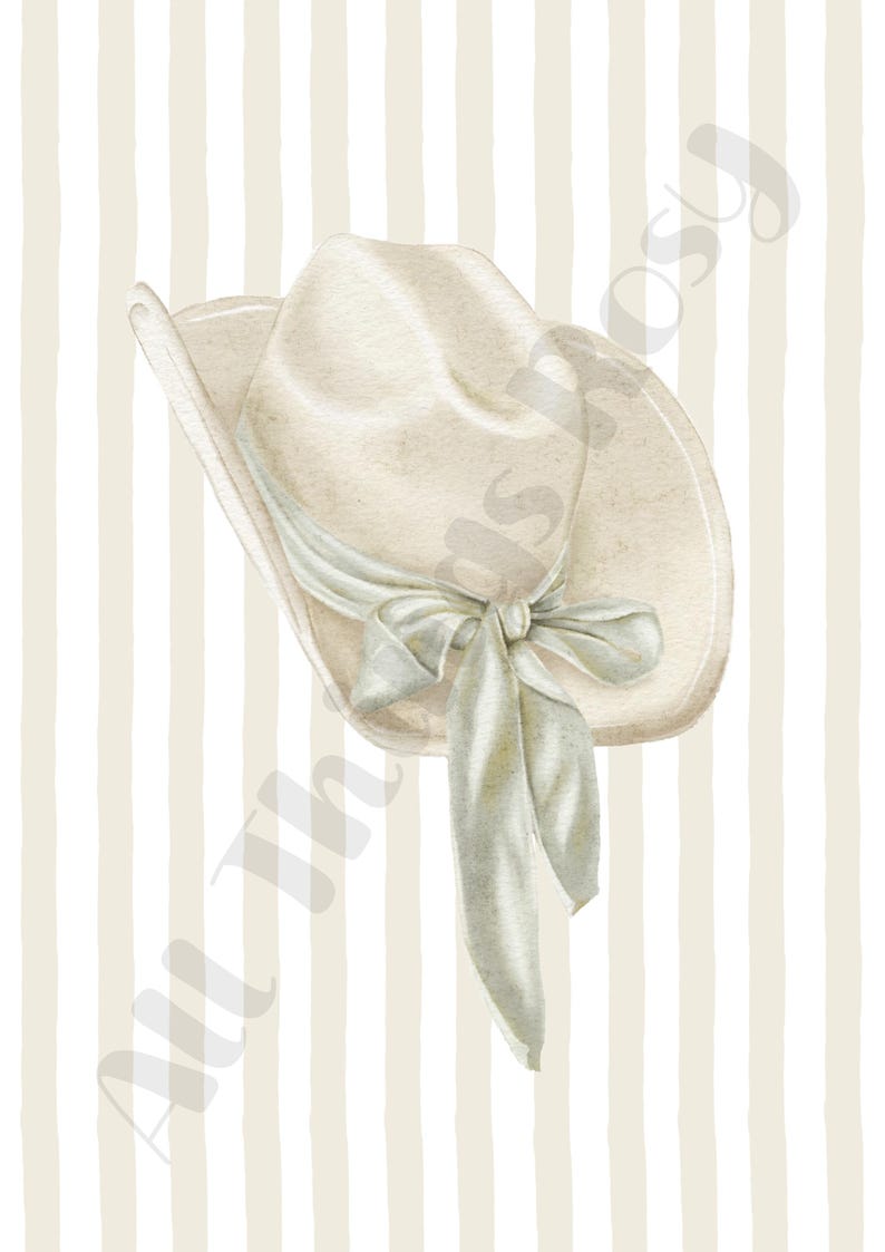 May include: Watercolor illustration of a cream-colored cowboy hat with a light blue ribbon tied in a bow. The hat is set against a background of vertical beige and white stripes. The words "All Things Rosy" are visible in the background.