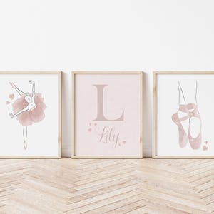 Lot de 3 impressions ballerines personnalisées, art mural rose pour chambre de bébé, ballet déco, chambre de fille rose poudré