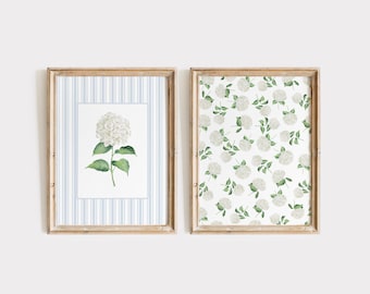 Blue Striped Hydrangea Print Set: Botanical Grandmillennial Wall Art (Unframed or Digital)