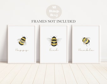 Bee Set of 3 Prints, Bumblebee Wall Art for Nursery, Bedroom and Livingroom, Bee Happy, Bee Kind, Bee Humble