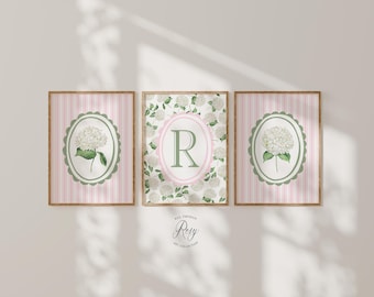 Hydrangea Wall Art Set of 3 Prints: Grandmillennial Pink & Green (Digital Option Available)