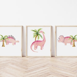 Pink Dinosaur Set of 3 Prints, Dinosaur Wall Art, Dinosaur Nursery/Bedroom Wall Decor, Stegosaurus, Diplodocus, Triceratops