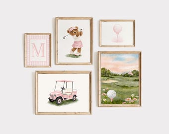 Juego de 5 impresiones de golf rosa preppy, impresión de letras personalizadas en rosa, arte de pared de galería de golf, decoración infantil de golf rosa, sin marco o digital