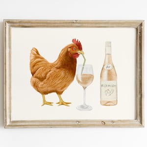 Chicken Wine Print, Chicken Wall Art, Gift For Rose Wine Lovers, Trendy Kitching Wall Art, Unframed or Digital