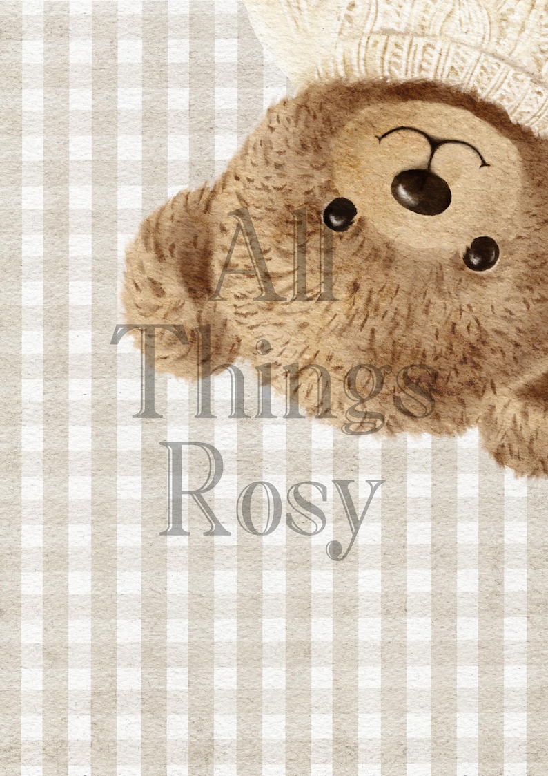 May include: A watercolour illustration of a teddy bear wearing a cream-coloured knitted hat. The bear is brown with black eyes and nose. The text "All Things Rosy" is printed in a light grey font over a beige and white checked background.