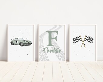 Personalised Set of 3 Prints, Green Porsche Wall Art, Race Car Prints, Car Wall Decor