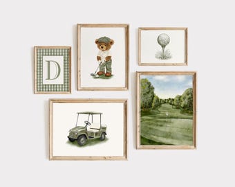 Vintage Golf Set of 5 Prints, Green Custom Letter Print, Golf Gallery Wall Art, Green Golf Nursery Decor, Unframed or Digital