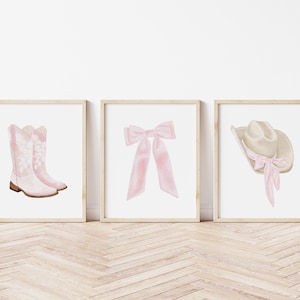 Lot de 3 impressions de cow-girl rose, art mural girly pour chambre d'enfant western, chapeau et bottes de cow-girl roses, déco coquette, esthétique western
