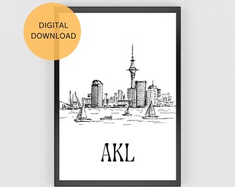 Auckland Drawing With AKL, New Zealand Print, New Zealand Wall Art, New Zealand Photo, New Zealand Poster City Poster