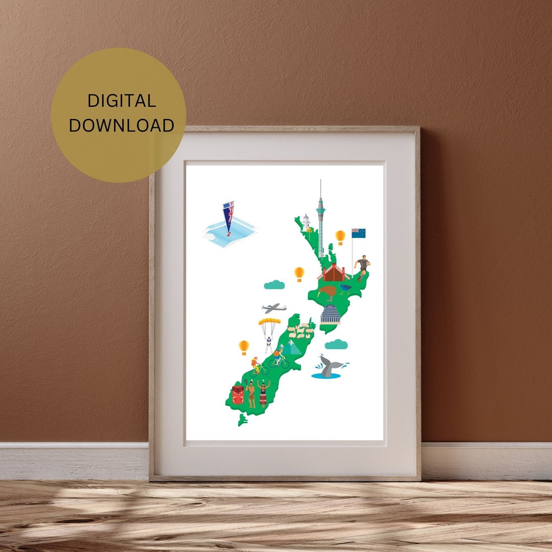 New Zealand Map, New Zealand Wall Art, Map Print, Map Art, New Zealand