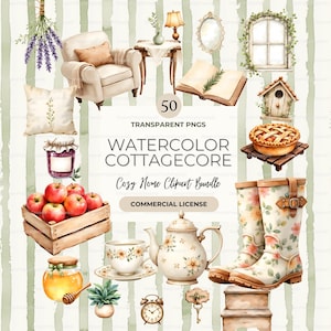 Pode incluir: Uma coleção digital de 50 elementos de clipart em aquarela cottagecore, incluindo uma poltrona creme, bule floral, xícara, maçãs vermelhas em um caixote de madeira, pote de mel, botas, casa de passarinho, torta, livro aberto e lavanda.