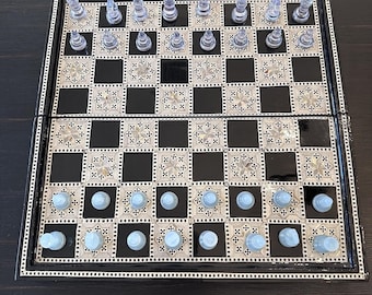 Vintage Egyptian Mother Of Pearl Inlaid Chess & Backgammon Board Set, VGC