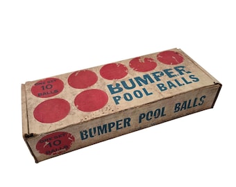 Juego de 10 bolas de billar vintage con parachoques, rojas y blancas, con caja original, muy buen estado.