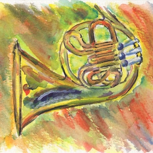 May include: A watercolor painting of a French horn in shades of yellow, green, and brown. The horn is set against a background of yellow, orange, and red watercolor washes.