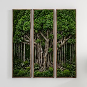 May include: A triptych wall art piece featuring a detailed depiction of a large tree with lush green foliage and hanging roots. The artwork is framed in a natural wood finish, creating a striking nature-inspired decor element.