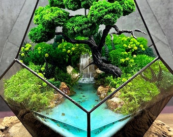 Handmade Unique gift: Preserved moss art, Crystal geometric ocean terrarium, Wedding favors, Moody room decor, Epoxy ocean art