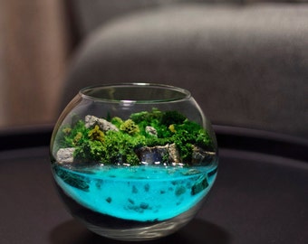 Preserved Moss Terrarium, Glass Globe, Luminous Epoxy Water (3.5x4 in)