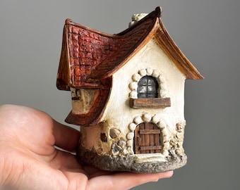 Handmade Paperclay Fairy House with Double Roof – Miniature Moss Terrarium Cottage, Tiny House Figurine, Fairy Garden Decor