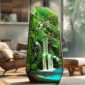 Terrario geométrico de cristal con musgo preservado y mini paisaje, decoración de terrario de cristal, opción de luz LED, decoración de escritorio zen sin agua.