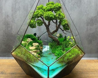 Plant accessories, Crystal pyramid with preserved moss Bonsai by the river, Desk Planter, Geometric terrarium moss art, Unique home decor