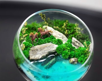 Terrarium with horses , Fairy Forest, Housewarming Gifts, Epoxy moss gift, Preserved Moss Art, Handmade gift, desktop decor